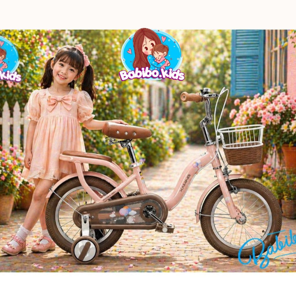 Xe đạp trẻ em, xe đạp Bé Gái BabiboKids Có Giỏ Mây Yên Da đủ 3 màu Xanh Hồng Kem Size 12-20