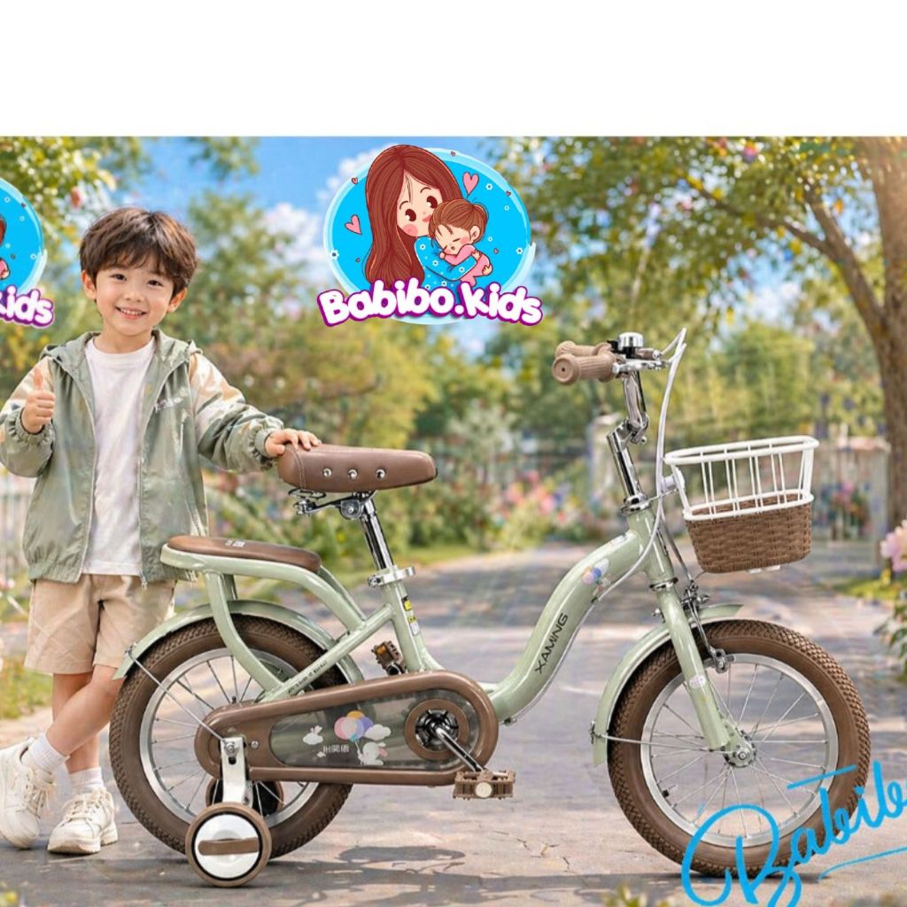 Xe đạp trẻ em, xe đạp Bé Gái BabiboKids Có Giỏ Mây Yên Da đủ 3 màu Xanh Hồng Kem Size 12-20