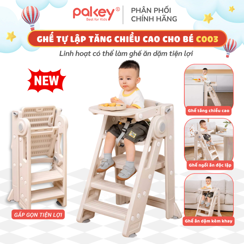 [NEW] Ghế Đứng Bếp Tăng Chiều Cao, Ghế Tự Lập Cho Bé Kèm Khay Ăn Dặm 3IN1 Có Đai An Toàn Gấp Gọn Tiện Lợi - C003