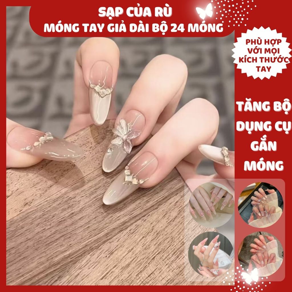 [móng kỷ yếu]  Móng Tay Giả DÀI NHỌN Đính Đá tinh tế Hộp 24 Nail Box + Tặng Kèm 5 Phụ Kiện
