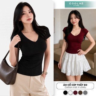Áo thun cổ tim ôm body nữ không viền may cổ v 2 lớp tay ngắn fit dáng chất cotton mịn mặc hè-G08