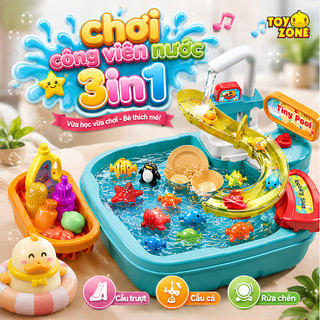 Đồ Chơi Công Viên Nước 3IN1 Cho Bé - Câu Cá, Nhà Bếp Rửa Chén Có Vòi Nước Tuần Hoàn, Cầu Trượt Nước