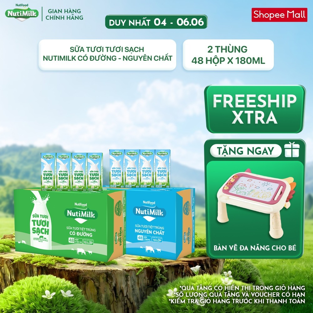 COMBO 2 Thùng 48 Hộp Sữa Tươi Tươi Sạch NutiMilk 180ml