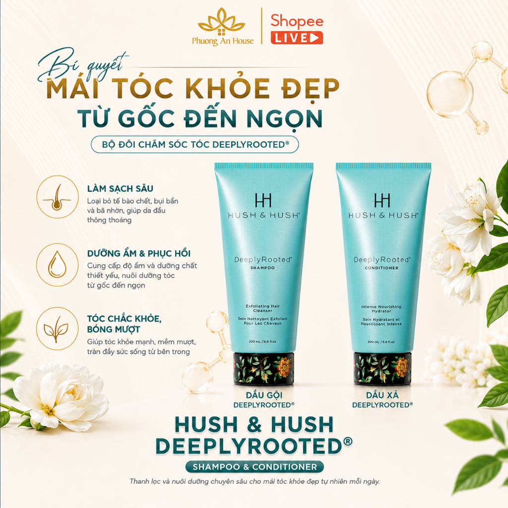 Bộ dầu gội xả làm sạch và tẩy tế bào chết Hush and Hush DeeplyRooted Shampoo 200ml