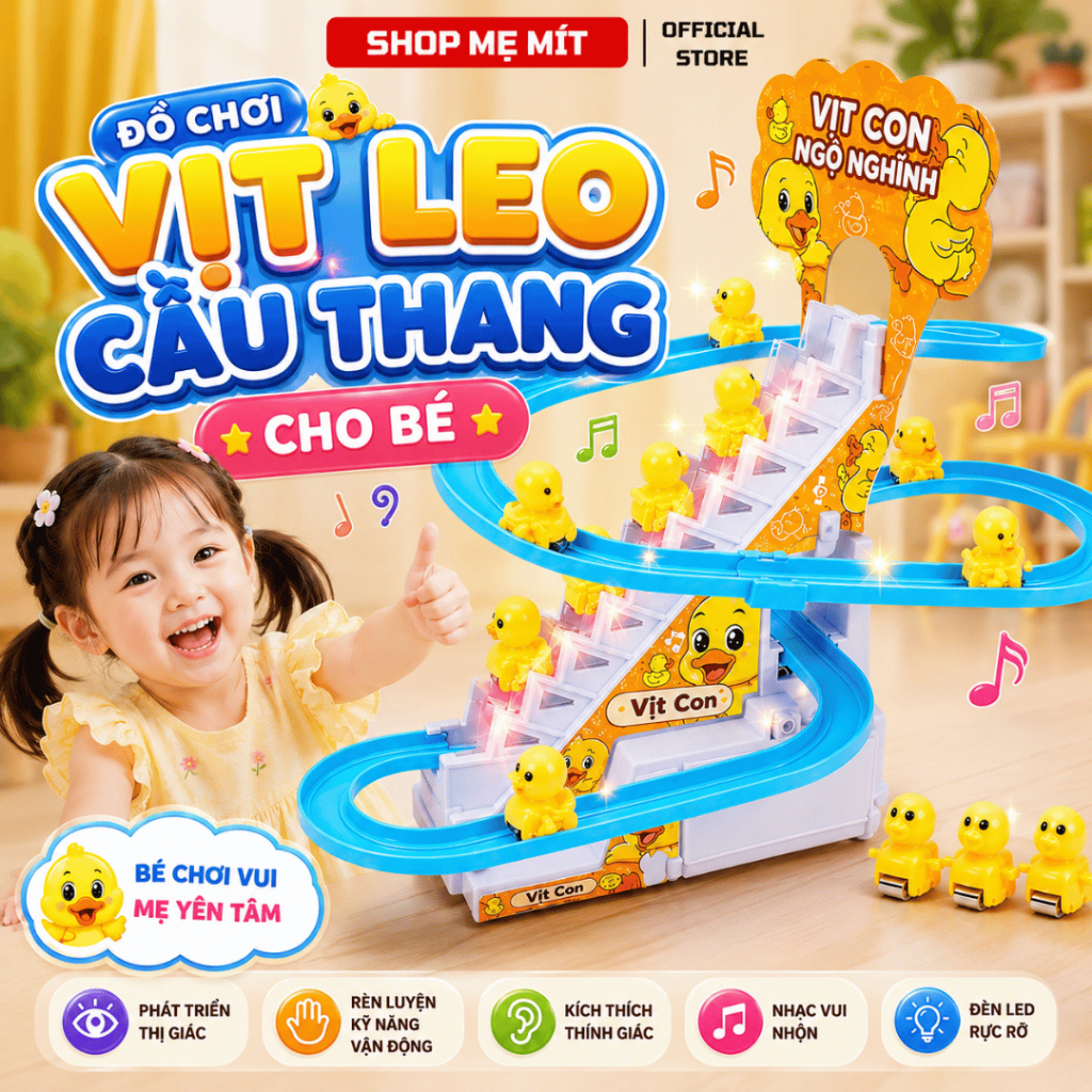 Đồ Chơi Vịt Leo Cầu Thang Trượt Đường Ray Có Nhạc Và Đèn LED - Vịt Con Leo Thang Tự Động Cho Bé