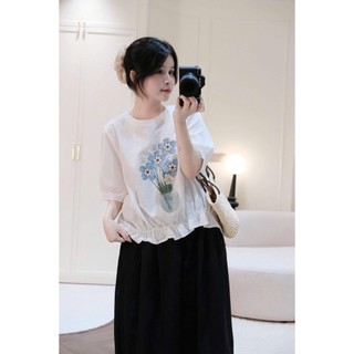 Set bộ nữ hoa xanh Lọai 1 thiết kế áo thun in hoa mix quần bom rộng siêu xinh, Bộ đồ nữ mặc nhà vịntage trẻ trung