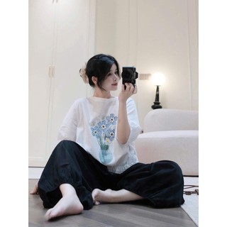Set bộ nữ hoa xanh Lọai 1 thiết kế áo thun in hoa mix quần bom rộng siêu xinh, Bộ đồ nữ mặc nhà vịntage trẻ trung