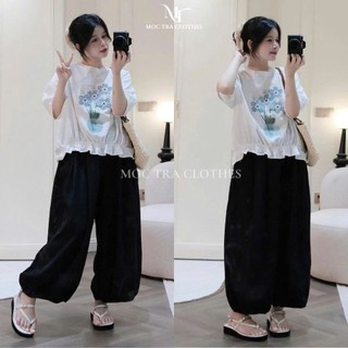 Set bộ nữ hoa xanh Lọai 1 thiết kế áo thun in hoa mix quần bom rộng siêu xinh, Bộ đồ nữ mặc nhà vịntage trẻ trung
