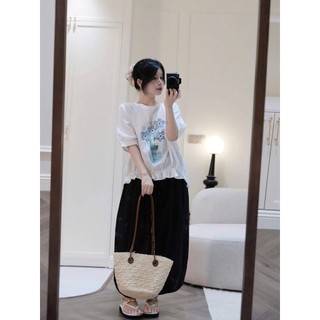 Set bộ nữ hoa xanh Lọai 1 thiết kế áo thun in hoa mix quần bom rộng siêu xinh, Bộ đồ nữ mặc nhà vịntage trẻ trung