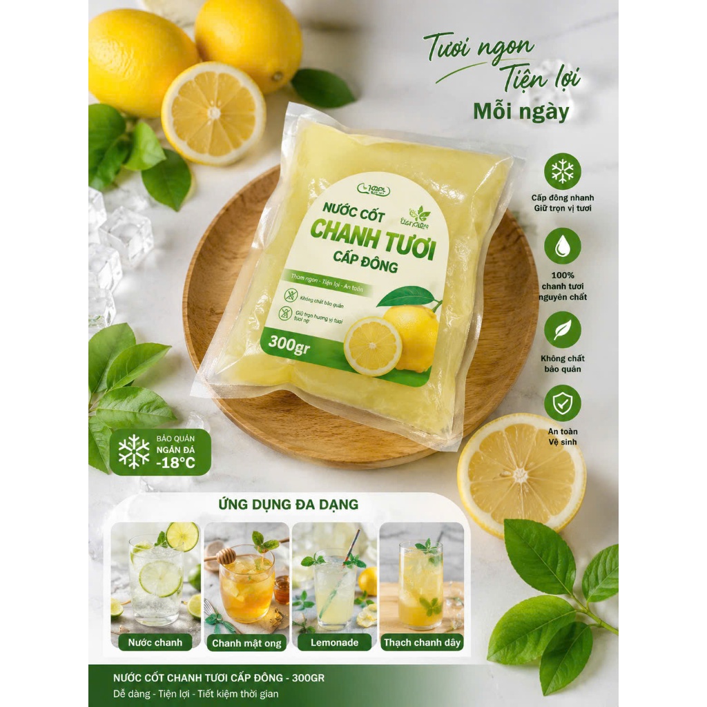 Nước Cốt Chanh Tươi Cấp Đông Túi 300g – 100% Chanh Nguyên Chất – Tiện Lợi Pha Chế & Nấu Ăn