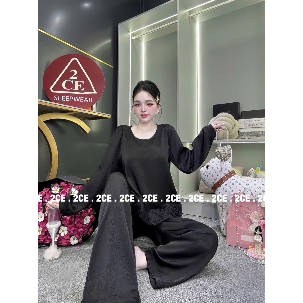 VÂN GỖ CỔ TRÒN 40-57kg Bộ piyama PHOM NHỎ tiểu thư phối ren Hoa sang mềm mịn cho nữ