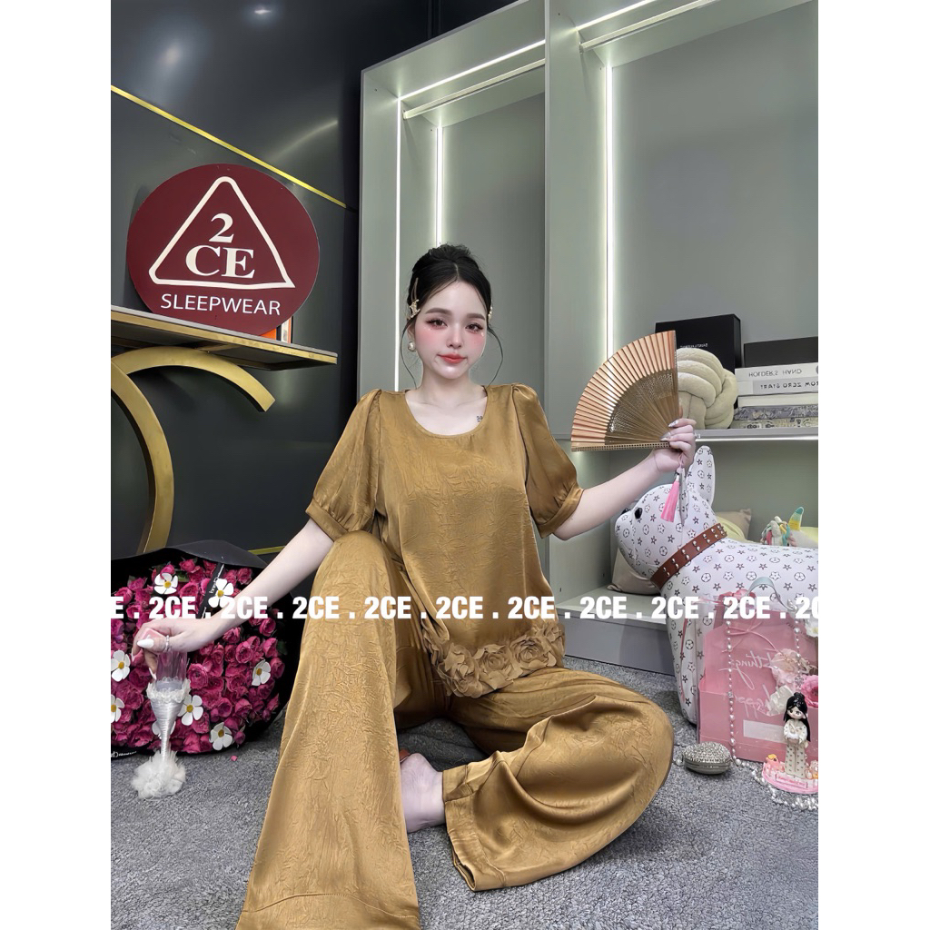 VÂN GỖ CỔ TRÒN 40-57kg Bộ piyama PHOM NHỎ tiểu thư phối ren Hoa sang mềm mịn cho nữ