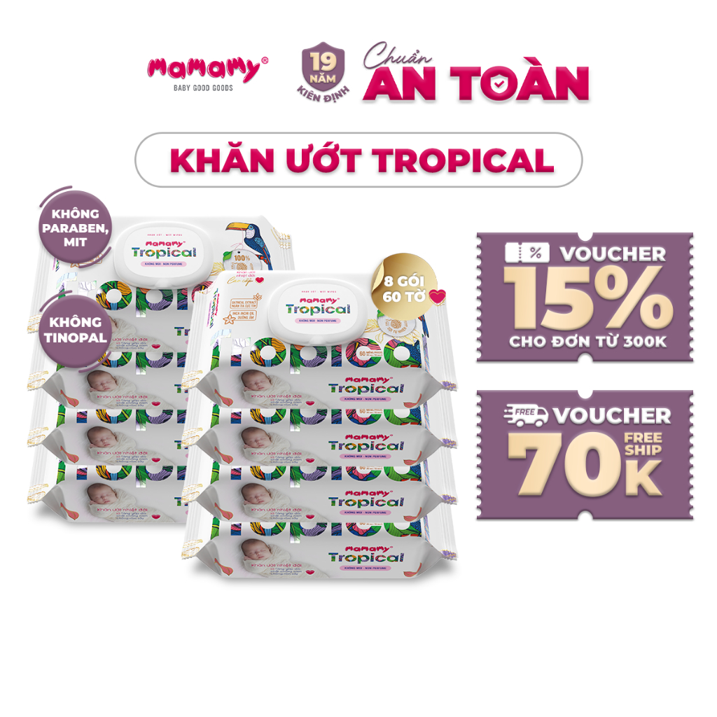 Khăn ướt cao cấp cho bé Mamamy Tropical gói 60 tờ 100% sợi tự nhiên và rayon ngừa hăm, mềm dai sạch cực