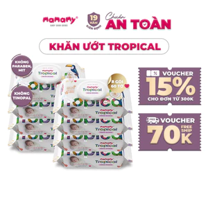 Combo 8 gói khăn ướt cao cấp cho bé Mamamy Tropical gói 60 tờ 100% sợi tự nhiên và rayon ngừa hăm, mềm dai sạch cực
