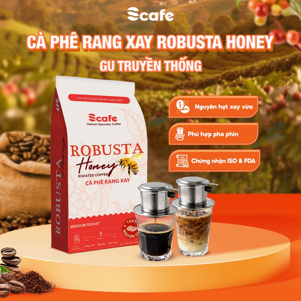 Cà phê rang xay nguyên chất Robusta Honney Gu truyền thống, đắng vừa, hậu ngọt, pha phin và pha máy