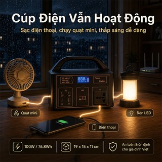 Trạm Sạc Di Động Đa Năng 100W 76.8Wh Có Ổ Cắm AC 220V, Sạc Nhanh Type-C, Đèn LED Tiện Dụng Cho Cắm Trại, Mất Điện
