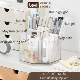 Ống Đựng Bút Trong Suốt LoviOffice 3830 Có Đế Xoay 360 Độ - Hộp Cắm Bút Nhựa Dày Dặn 5 Ngăn Tiện Lợi