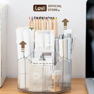 Ống Đựng Bút Trong Suốt LoviOffice 3830 Có Đế Xoay 360 Độ - Hộp Cắm Bút Nhựa Dày Dặn 5 Ngăn Tiện Lợi