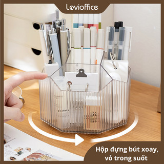 Ống Đựng Bút Trong Suốt LoviOffice 3830 Có Đế Xoay 360 Độ - Hộp Cắm Bút Nhựa Dày Dặn 5 Ngăn Tiện Lợi