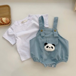 Set body yếm jean gấu trúc kèm áo cotton trắng bé trai, bé gái 4-10Kg. Set đồ trẻ em. Dino Kids