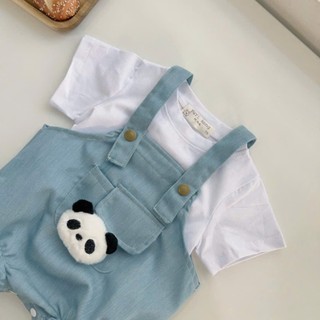 Set body yếm jean gấu trúc kèm áo cotton trắng bé trai, bé gái 4-10Kg. Set đồ trẻ em. Dino Kids