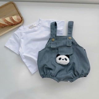 Set body yếm jean gấu trúc kèm áo cotton trắng bé trai, bé gái 4-10Kg. Set đồ trẻ em. Dino Kids