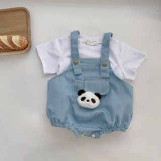Set body yếm jean gấu trúc kèm áo cotton trắng bé trai, bé gái 4-10Kg. Set đồ trẻ em. Dino Kids