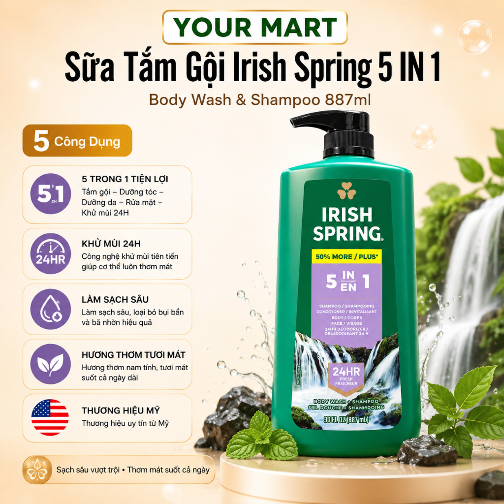 Sữa tắm Irish Spring 5 in 1 Body Wash & Shampoo 591ml Hàng Nhập Mỹ ...