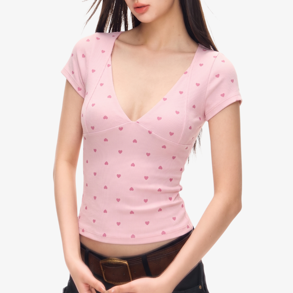 Áo Thun Nữ Cổ V Sâu Kiểu Tay Hến Dáng Ôm Họa Tiết Dễ Thương By ChaBon CB36