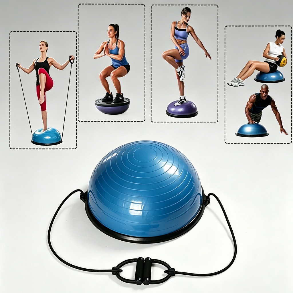 Bóng Tập Cân Bằng Bosu Hàng Cao Cấp Tập Thể Dục, Yoga Tại Nhà Có Dây Kháng Lực Và Tặng Kèm Bơm Bóng