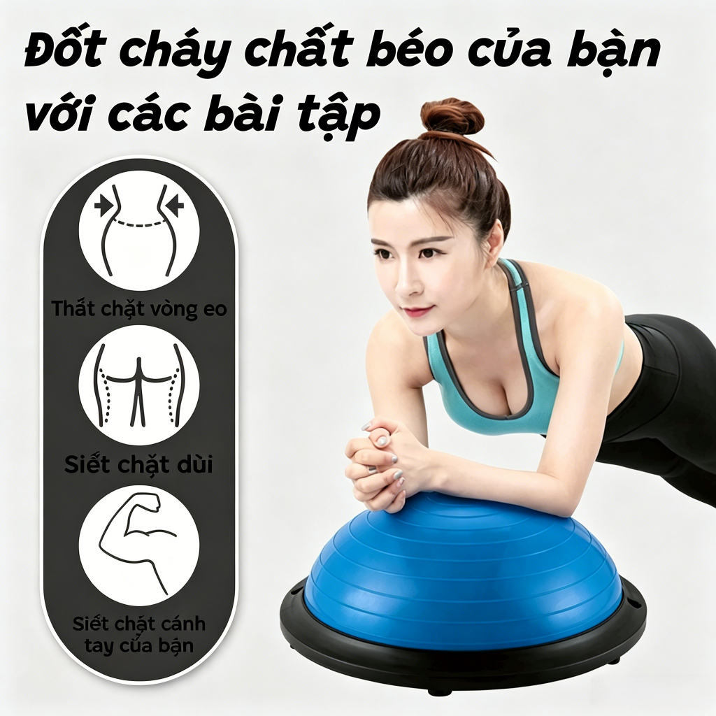 Bóng Tập Cân Bằng Bosu Hàng Cao Cấp Tập Thể Dục, Yoga Tại Nhà Có Dây Kháng Lực Và Tặng Kèm Bơm Bóng
