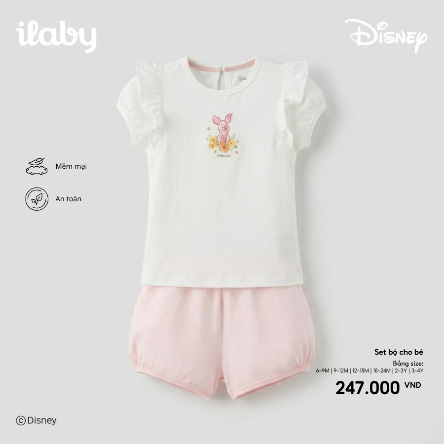 [IBABY 6M-4Y] Set bộ bé gái áo tay bèo họa tiết Piglet phối quần short dễ thương [0053]