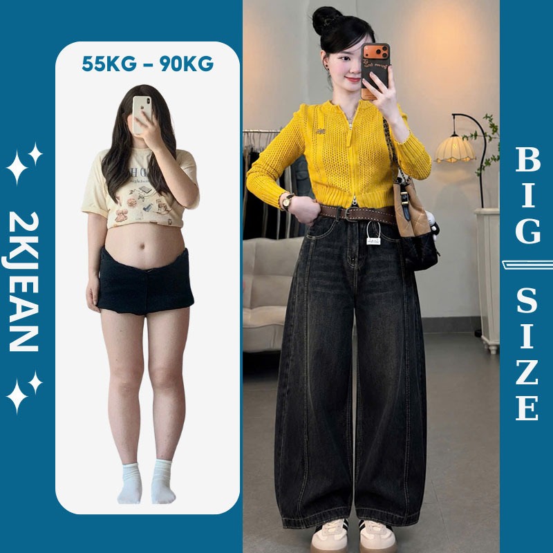 Quần jean ống rộng nữ trơn Bigsize 55-90kg, kiểu form boy thụng unisex hàng QC 2KJeans QC619 | BigBuy360 - bigbuy360.vn
