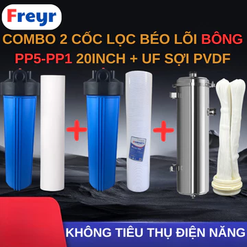 Combo 2 Cốc Lọc Béo 20 Inch + Lõi Bông PP5 - PP1 + Lõi UF Sợi PVDF Vỏ Inox | Lọc Nước Tổng, Lọc Đầu Nguồn
