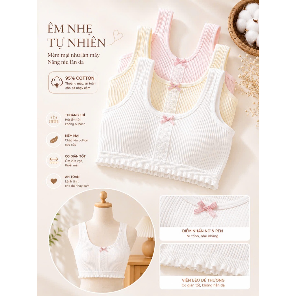 Áo Lót Lá Bé Gái Cotton Mềm Mại Thoáng Khí Không Gọng Dành Cho Tuổi Dậy Thì [4022#]