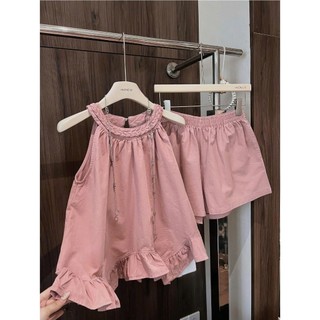 Set Bộ Đồ Nữ Thô Mềm Áo Cổ Yếm Phối Viền Dây Tết THừng Đuôi Bèo Mix Quần Sooc Đùi Ống Rộng
