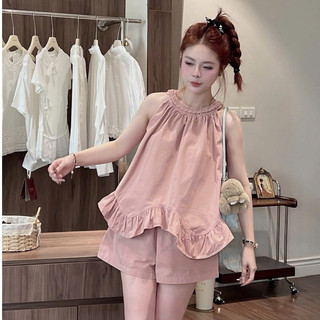 Set Bộ Đồ Nữ Thô Mềm Áo Cổ Yếm Phối Viền Dây Tết THừng Đuôi Bèo Mix Quần Sooc Đùi Ống Rộng