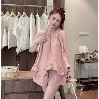 Set Bộ Đồ Nữ Thô Mềm Áo Cổ Yếm Phối Viền Dây Tết THừng Đuôi Bèo Mix Quần Sooc Đùi Ống Rộng