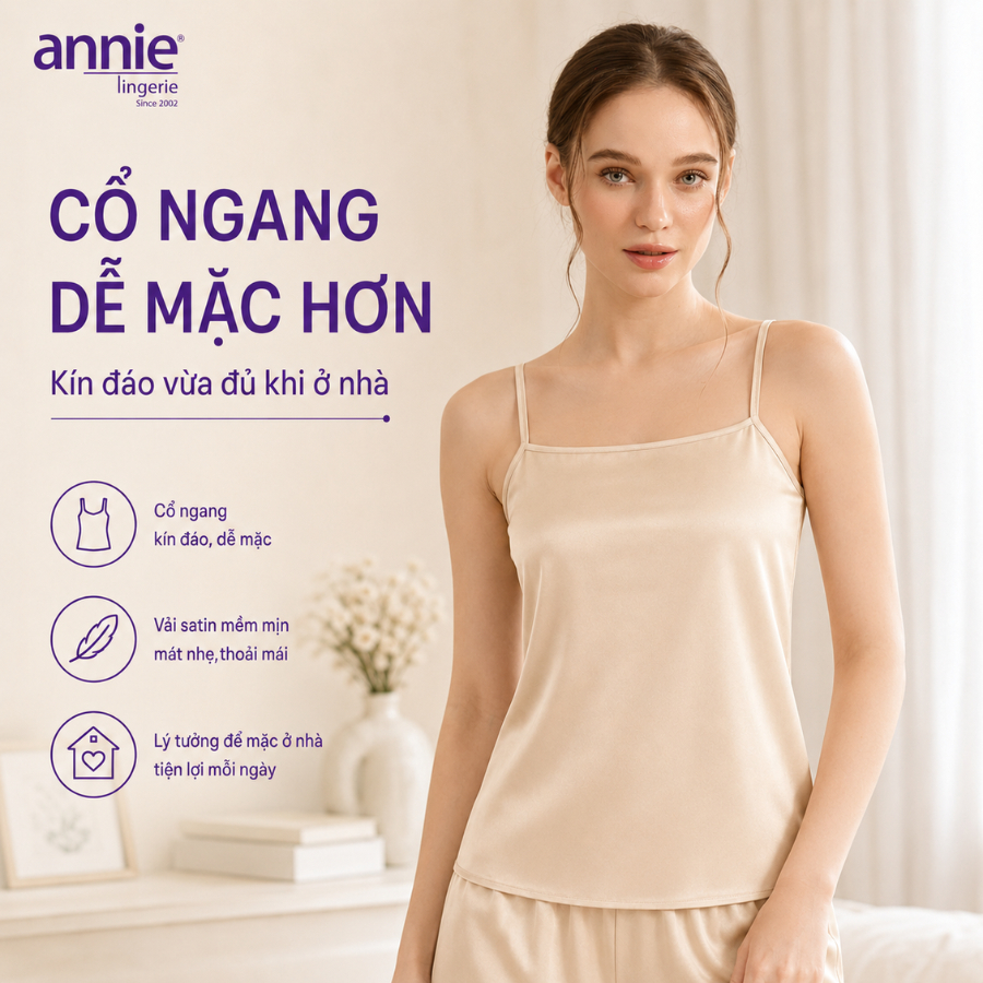 Áo Hai Dây Lụa Satin annie Cổ Ngang 6047 Mặc Trong Vest Sang Chảnh, Mềm Mịn Thoáng Mát Dễ Phối Đồ
