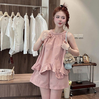 Set Bộ Đồ Nữ Thô Mềm Áo Cổ Yếm Phối Viền Dây Tết THừng Đuôi Bèo Mix Quần Sooc Đùi Ống Rộng