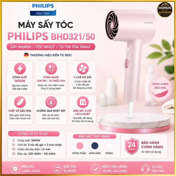 Máy Sấy Tóc Philips BHD321/50 1600W Ion Âm, Thiết Kế Chữ T Siêu Nhẹ, 4 Chế Độ Sấy Chính Hãng