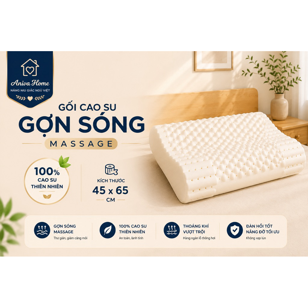 Gối Cao Su Thiên Nhiên Gợn Sóng Massage Aniva Home - Gối Ngủ Thoáng Khí, Hỗ Trợ Cổ Vai Gáyo