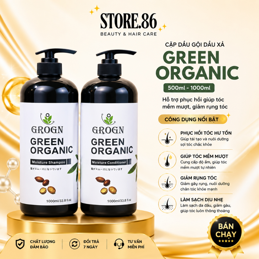 Cặp Dầu Gội Xả GREEN ORGANIC 500ml–1000ml | Dưỡng Tóc Mềm Mượt, Bóng Khỏe & Dễ Chải