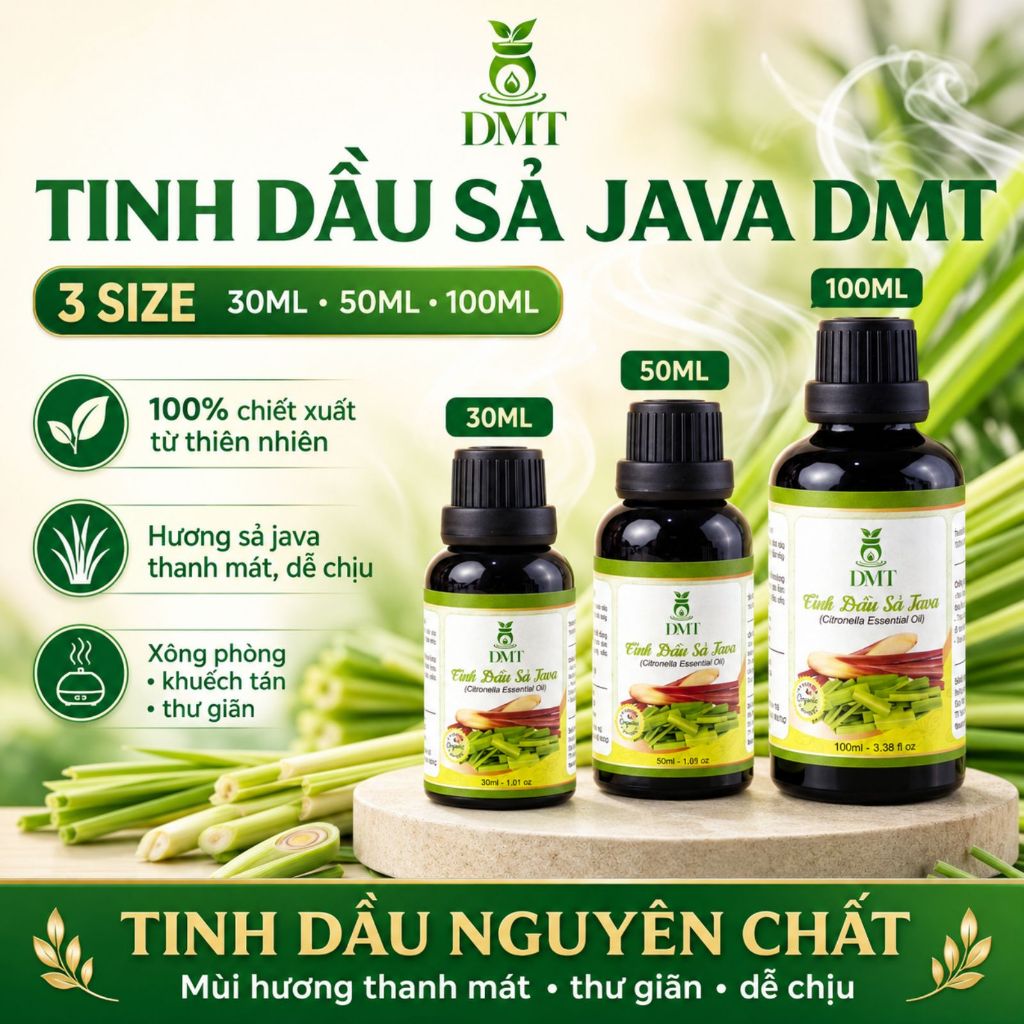 Tinh Dầu Sả Java Thiên Nhiên DMT Nguyên Chất, Thơm Phòng, Khử Mùi Hôi, Cấp Ẩm - 30ml/50ml/100ml