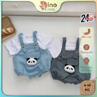 Set body yếm jean gấu trúc kèm áo cotton trắng bé trai, bé gái 4-10Kg. Set đồ trẻ em. Dino Kids
