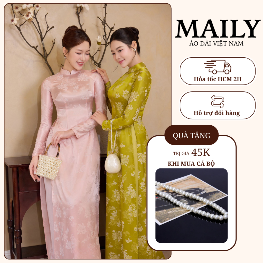 Áo Dài Duyên Nhã Form Ôm Truyền Thống, Chất Gấm Mềm Mại Thiết Kế Cổ Cao Tay Dài Tôn Dáng - ÁO DÀI MAILY