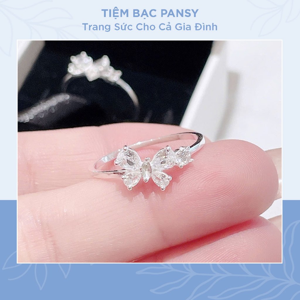 Nhẫn bạc ta nữ PANSY cánh hồ điệp uyên ương gắn đá sang trọng cao cấp