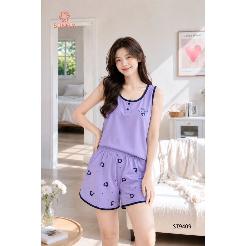 ST9409 Đồ bộ mặc nhà nữ cotton compact áo sát nách quần sooc