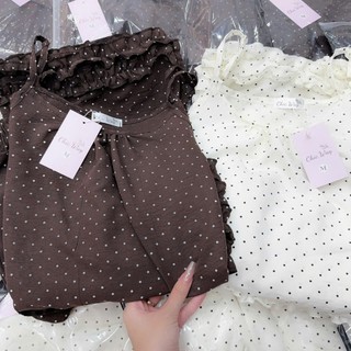 Set Bộ Đồ Nữ Đũi Tơ Chấm Bi Áo 2 Dây Bèo Gấu Mix Quần Dài Ống Rộng Có Lót Trong Không Lộ