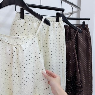 Set Bộ Đồ Nữ Đũi Tơ Chấm Bi Áo 2 Dây Bèo Gấu Mix Quần Dài Ống Rộng Có Lót Trong Không Lộ